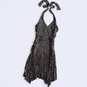 Y2K Brown Polka Dot Halter Dress Asymmetrical Hem En Focus L